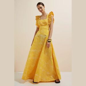 Anthropologie SIKA Yellow White Marigold Ruffled Maxi Dress Size 8 P